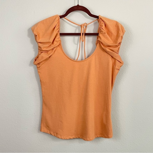 Free People‎ Taupe Orange Puff Sleeve Tie Back Slim Top NWT Size Large - Picture 1 of 5